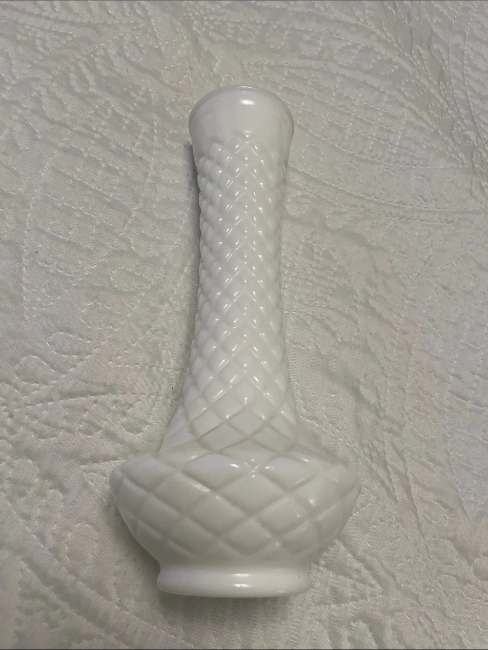 Vintage White Milk Glass Bud or Flower Vase Classic Diamond Quilted Pattern 9”H